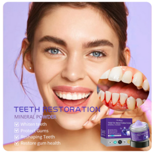 Poudre minérale de blanchiment des dents, soins complets et profonds dentaire.