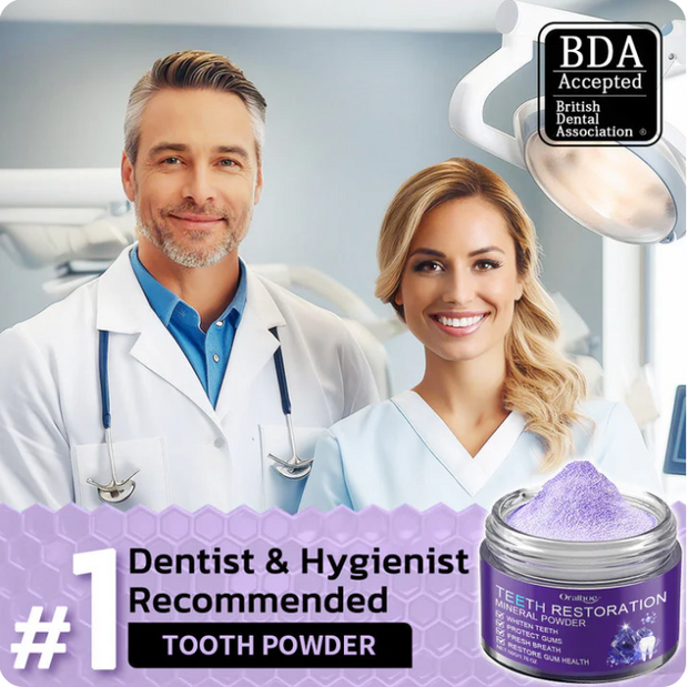 Poudre minérale de blanchiment des dents, soins complets et profonds dentaire.