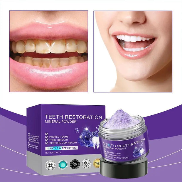 Poudre minérale de blanchiment des dents, soins complets et profonds dentaire.
